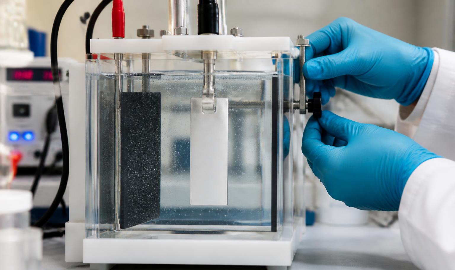 Aluminium coupon suspended between electrodes in a laboratory anodising bath