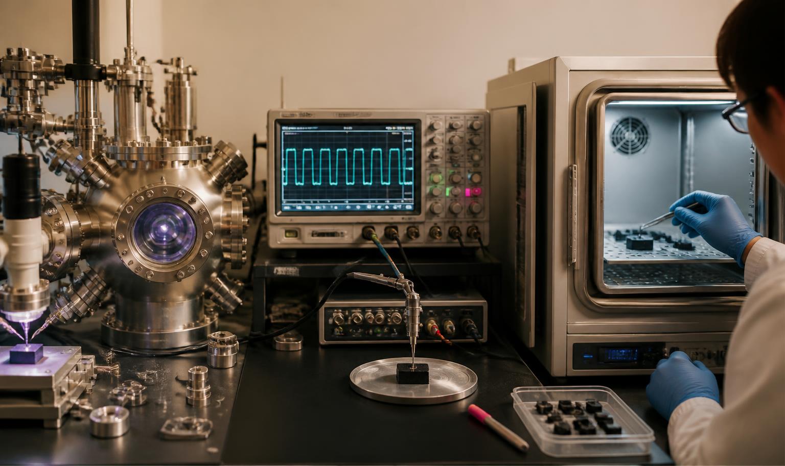 Materials laboratory with a sample chamber, switching trace, and environmental test chamber