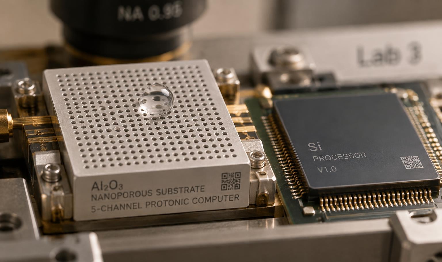 A five-channel protonic computer module: nanoporous aluminium oxide substrate mounted beside a silicon processor in a test fixture