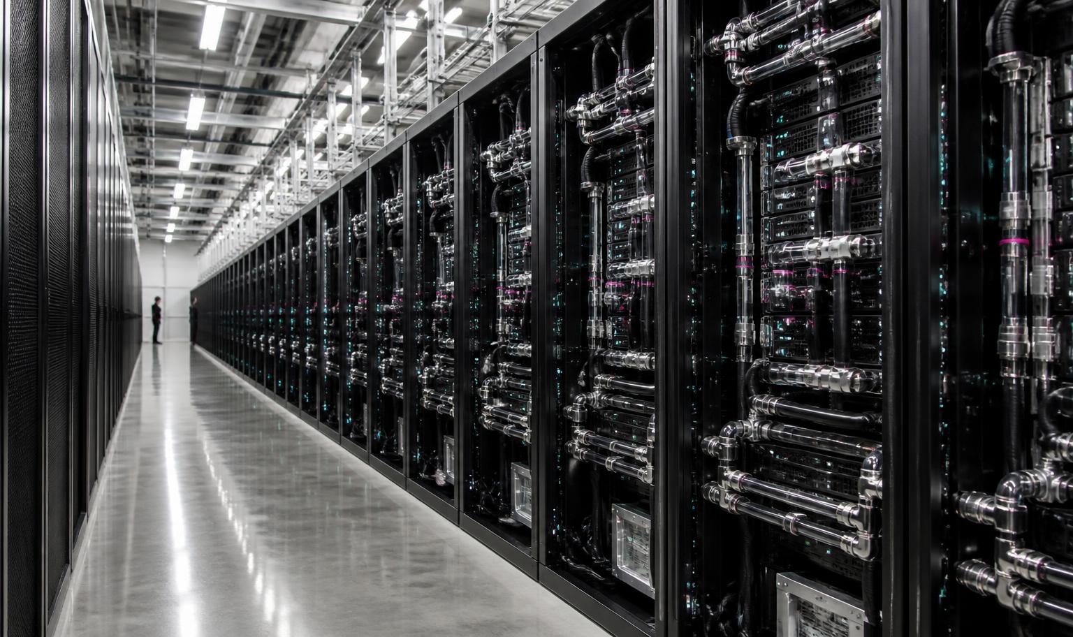 Rows of liquid-cooled server racks